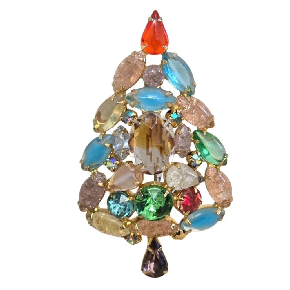 Multi Colored Crackle Glass Givre Fruit Salad Christmas Tree Brooch Pin Vtg